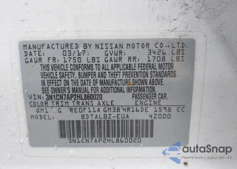 2017 Nissan Versa 1.6 Sv из США, поврежденный, VIN 3N1CN7AP2HL860020